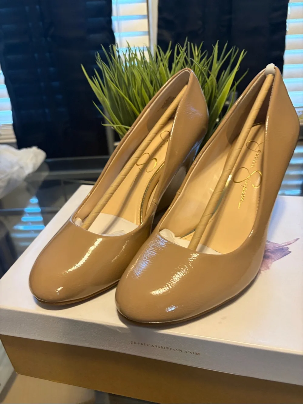 Jessica Simpson Tan Patent Wedge Pumps